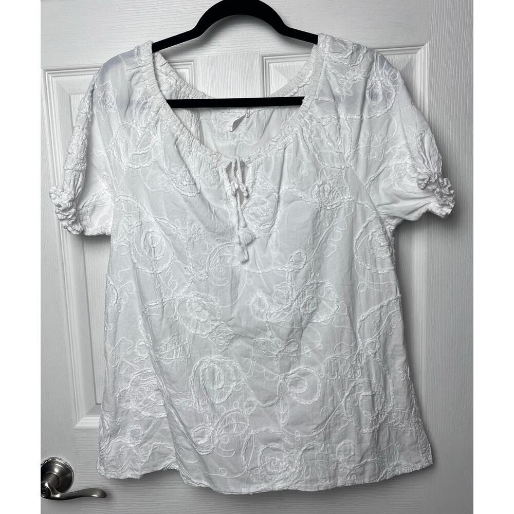 Jones New York White Floral Short Sleeve Shirt Drawstring Blouse Women's Size M